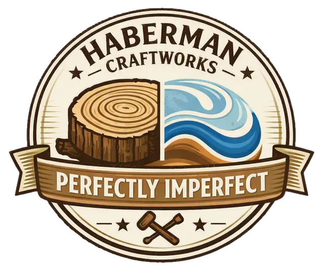 Haberman Craftworks logo: a split tree slice and blue resin wave with the banner “Perfectly Imperfect”
